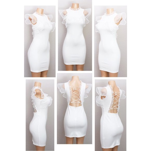 White Sheer Organza Ruffle Laced Up Backless Dress - Picture 7 of 8